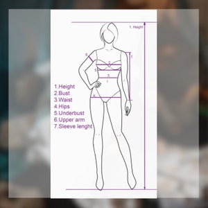 May include: A line drawing of a female figure with measurement labels for height, bust, waist, hips, underbust, upper arm, and sleeve length. The measurements are indicated by purple lines and numbers. The figure is in a standing pose.