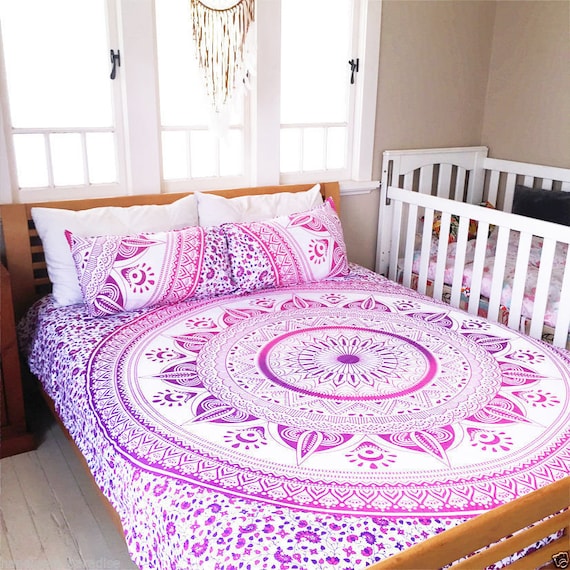 Pink Ombre Boho Hippie Mandala Bedding Queen Flat Bed Sheet Cotton Bedspread Set 