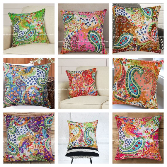Paisley Print Kantha Cushion Cover Handmade Decorative Pillows Etsy