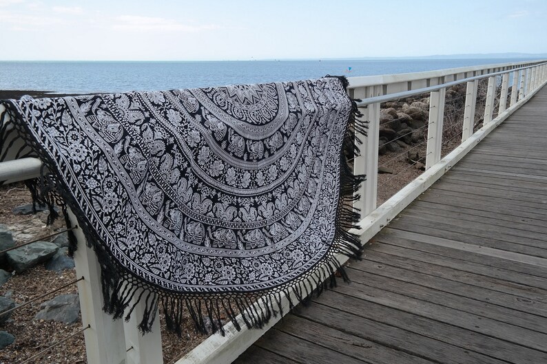 Beach Round Towel Round Tablecloth Elephant Black and White Mandala Fringed Roundie
