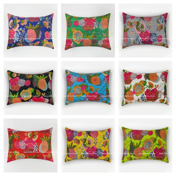 Multicolored Indian Handmade Kantha Pillow Cover Bohemian Tropicana Standard Pillow Case Set of 2