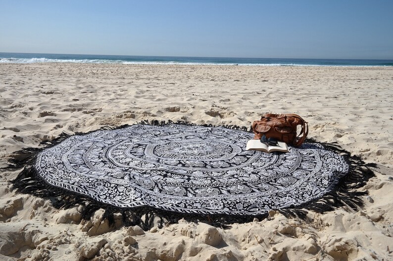 Beach Round Towel Round Tablecloth Elephant Black and White Mandala Fringed Roundie