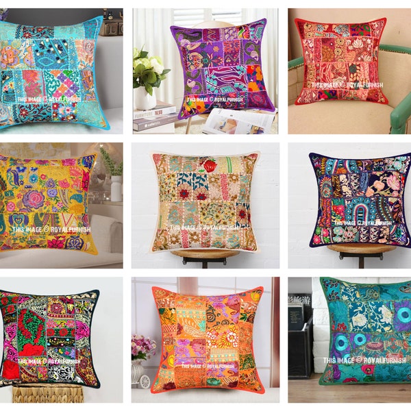 Bohemian Patchwork Square Throw Pillow Cover, Handmade Colorful Embroidered Boho Cushion Cover, Unique Decorative Indian Pillow Case