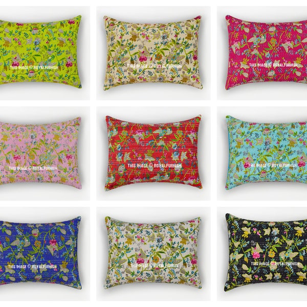 Bohemian Handmade Kantha Cotton Fabric Bed Pillow Cover Standard Size Pillow Sham Set of 2