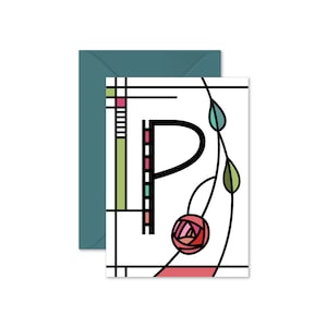 May include: A white card with a black outline of a stylised letter "P" with a pink and red rose and green leaves. The background is a geometric pattern in shades of green, red, pink, and blue.