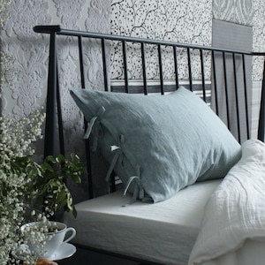Linen pillowcase with ties. Linen stonewashed pillow case. Standard, queen, king, euro sham, custom sizes.