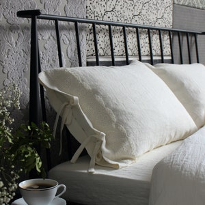 Linen pillowcase with ties and white linen lace. Standard, queen, king, euro sham, custom sizes.