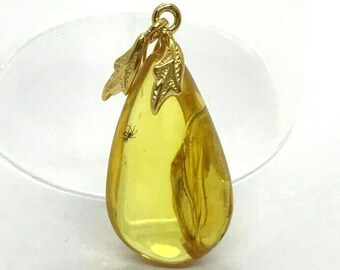 Real Natural Baltic Amber Pendant With Insect Inclusion Drop Silver 925 Gold Plated 5g 6097