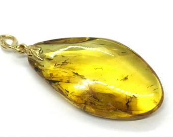 Real Natural Baltic Amber Pendant With Insect Inclusion Drop Silver 925 Gold Plated 5g 6097