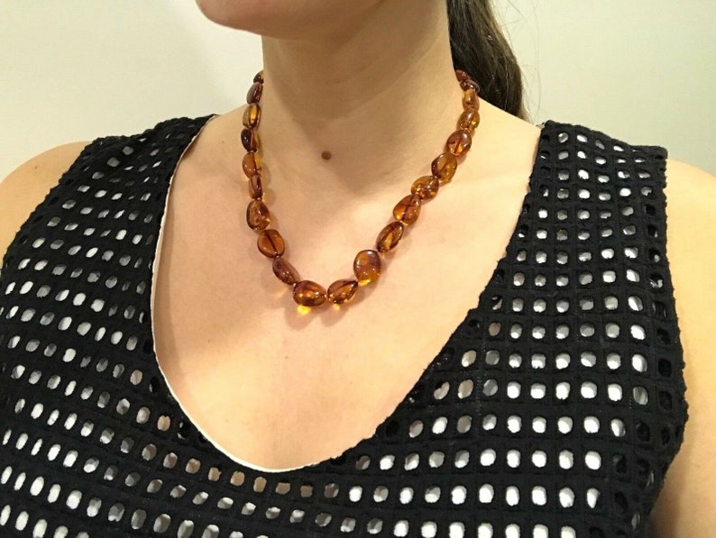 Real Natural Baltic Amber polished cognac beans knotted necklace 21,9 gr #3168