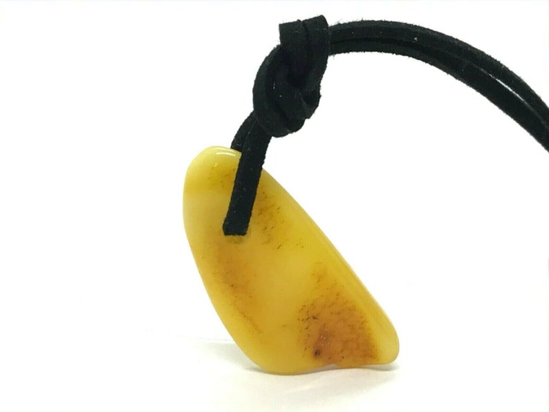 AMBER PENDANT Polished Yellow Egg Yolk Opaque Bead on Black Cord Unisex Jewelry 4g 11666