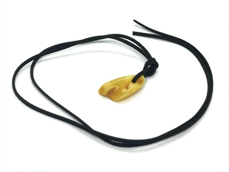 AMBER PENDANT Polished Yellow Egg Yolk Opaque Bead on Black Cord Unisex Jewelry 4g 11666