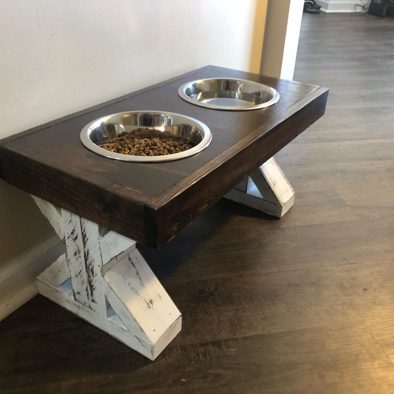 Small Elevated Dog Bowl Stand - Trestle Farmhouse Table - Three