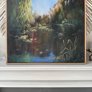Original oil painting, landscape, lily pond 20x24 inch (51x61cm), willow, garden, forest, lilies, stream, river, water, flowers, lake, water