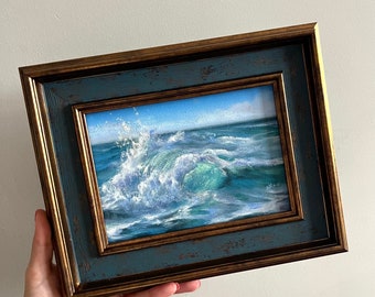 小さな額入りオリジナル海の油絵、海景、海岸の風景、嵐の海、海、海辺