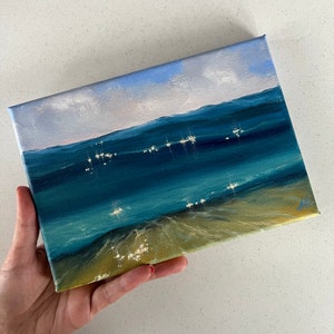 Kleine original Öl auf Leinwand Seelandschaft, Landschaft, stürmische See, Seelandschaft, Meereswelle 15 x 21 cm blaugrün Kunst