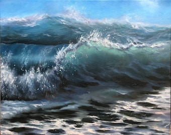 Pintura al óleo original del mar, 40 x 50 cm (16 x 20 pulgadas), paisaje marino, arte mural costero, pintura de olas, océano, surf, tormenta