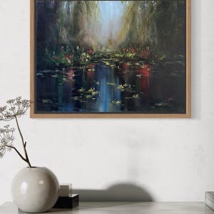 Original oil on LINEN painting, lily pond, 30x40cm (12x16 inch), water, lilies oil painting framed, textured, water lilies, trees, landscape