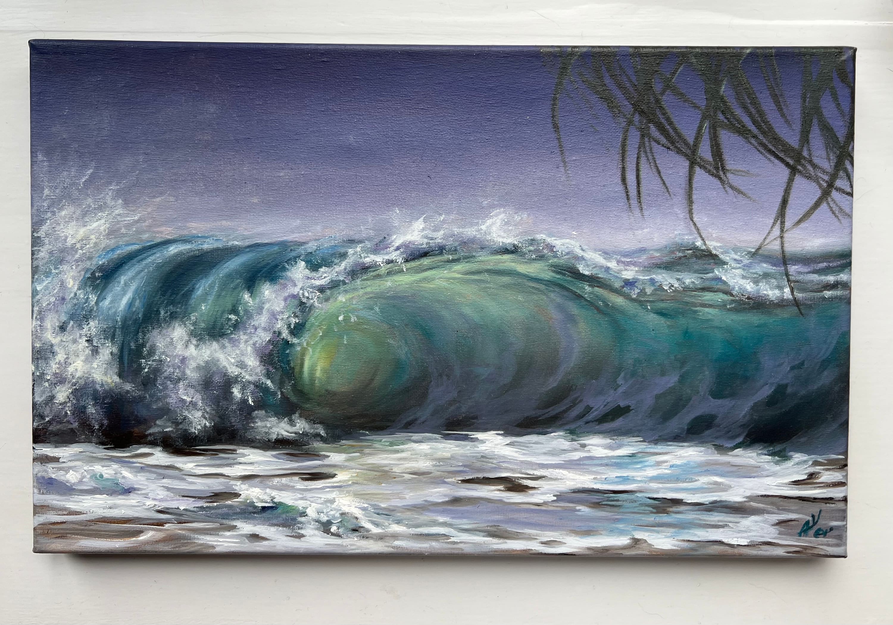 オリジナルの海の油絵、海景、波、22 x 35 cm（約8.5 x 14インチ