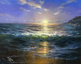 Original Large Deep Canvas Oil Painting, seaside ocean wave landscape seascape storm 24x30 inch ( 61x76 cm)