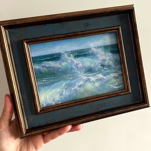 Small FRAMED miniature, original ocean oil painting, seascape, Landscape, Stormy sea, Seaside,  9x11 inch (23x28 cm) collectible gift
