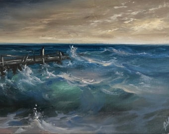 Petite peinture à l'huile originale encadrée sur l'océan, paysage marin, paysage, mer orageuse, bord de mer, objet de collection 5 x 7 pouces (13 x 18 cm)