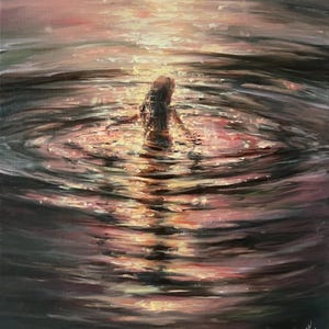 Original oil on LINEN painting 12x16 inch (30x40 cm), sea, seaside,  seascape, sunset, ocean, girl, figurative, beach, woman, female figure