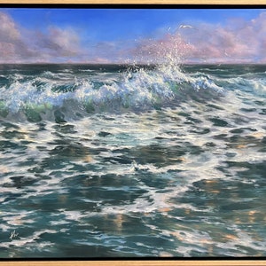 Original ocean wave oil painting, seascape 20x23 inch approx( 50x60 cm), stormy sea, sea oil painting, storm, seascape, clouds, sky, sunset