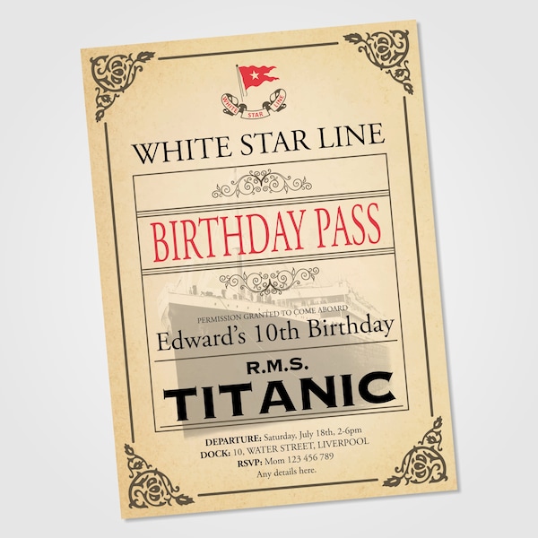 Invitación de cumpleaños personalizable con tarjeta de embarque del Titanic