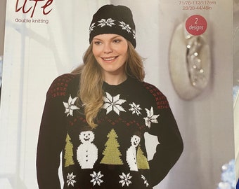 Christmas Sweater and hat knitting pattern, Stylecraft 9029. DK, 28-46 inch, Ladies Christmas Jumper