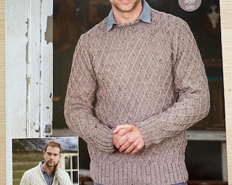 Patrón de tejido de punto DK para suéter y cárdigan de hombre. Incluye tallas más grandes hasta 54 pulgadas.