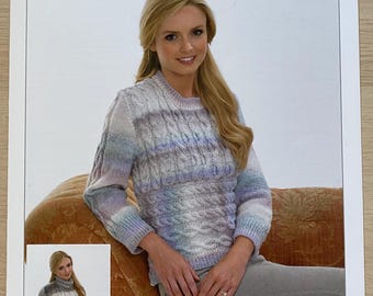 Patrón de punto para suéter de cuello redondo o cuello polo para mujer, DK