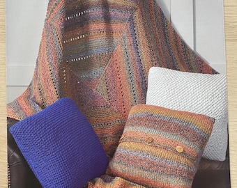 Patrón para manta y fundas de cojín tejidas a mano. Hilo grueso James C Brett JB765