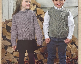 Patrón de punto para jersey y chaqueta sin mangas Aran de 22 a 30 pulgadas. James C Brett JB577