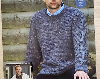 Patrón de tejido para suéter y cárdigan de hombre, DK, 2 diseños fáciles. Incluye tallas más grandes de hasta 54 pulgadas.