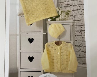 Cardigan, blanket and hat pattern UKHKA 210, Double Knit, Fits sizes 12-20in