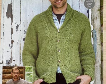 Patrón de tejido de punto DK para suéter y cárdigan de hombre. Incluye tallas más grandes hasta 54 pulgadas.