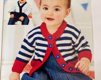 Cardigan Easy Knit Designs V neck and round neck, Stylecraft Pattern 8939 Birth - 7 years DK