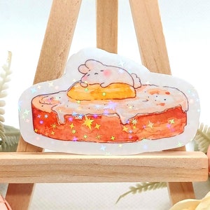 Linda pegatina hecha a mano Huevo al horno sobre una tostada y un conejito somnoliento, Arte de acuarela, Pegatina holográfica brillante para espejo, computadora portátil, Arte de pegatinas