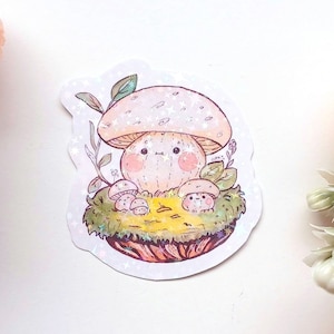 Süßer Aufkleber: Pilzfamilie - Handgemachtes Bujo in Pastellfarben