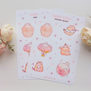 Jolie feuille d'autocollants pour la Saint-Valentin, chats, A6 - Décoration pastel pour votre journal, album ou agenda