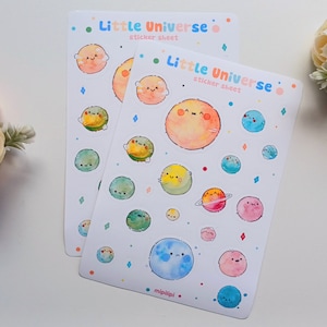 Hoja de pegatinas de planetas lindas A6: decoración pastel para tu diario, álbum de recortes o agenda