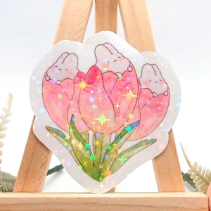 Sticker mignon : lapins tulipes - déco Bujo rose et vert pastel