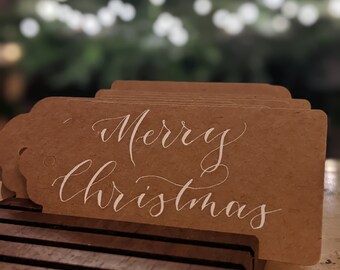 Pack of 5 kraft card brown Christmas gift tags, Hand written calligraphy Merry Christmas in white ink, Christmas labels, personalisation