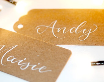 Personalised Kraft Card brown gift tags, Calligraphy name personalisation, Christmas gift tag or place holder, gifting, present tag