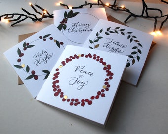 Festive wreath and foliage pack of Christmas cards, Luxury cards, Linen texture, Metallic gold accents - pack of 4, handmade, brown envelope