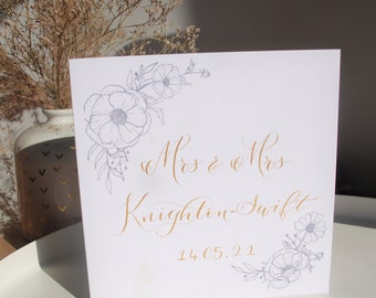 Personalised handmade floral gold calligraphy wedding card, personalised couples names wedding card, bespoke, unique, handmade card