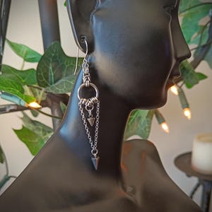 Intricate Chainmaille Earrings With A Chain Drape Spikes & O Ring - Stainless steel spiked gothic handcrafted jewellery with metal beads