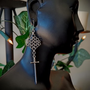 Chainmaille Sword Earrings -Stainless Steel Gothic Medieval Dangles - Miniature Armour Renaissance Faire Knightcore Fantasy Jewellery