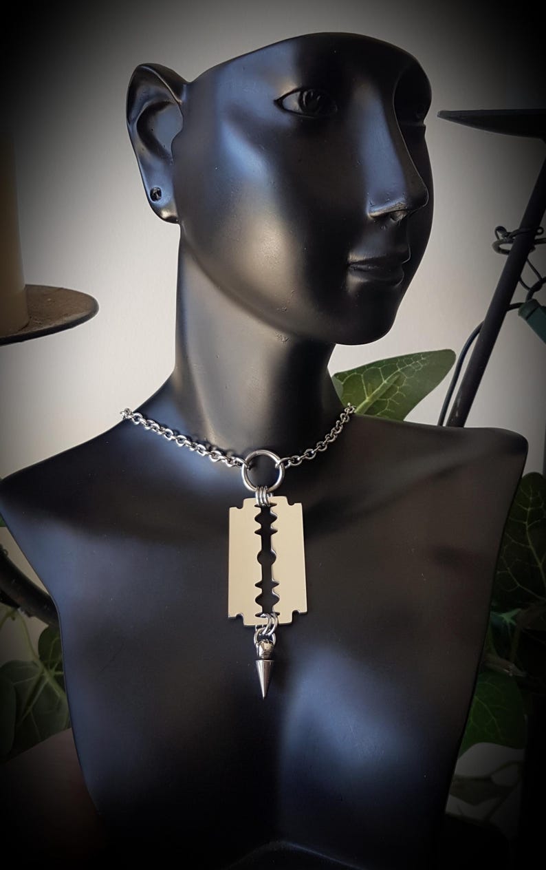 Large Razor Blade Pendant Spiked Necklace - Stainless Steel Trad Goth ...